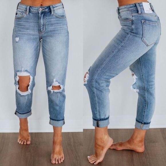 KanCan Denim - KanCan Distressed High Rise Cuffed Mom Fit Jeans